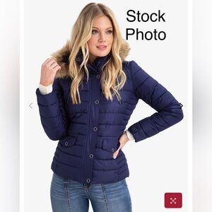 US POLO ASSN Women Puffer Jacket Size XL Coat Navy Blue Faux Fur Hood NWT #516
